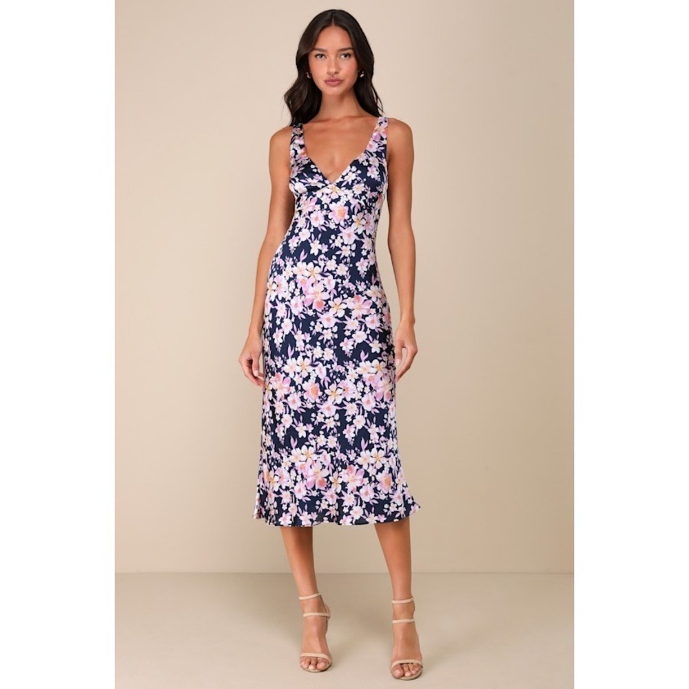Lulus Admirable Charmer Navy Blue Floral Satin Tie-back Midi Dress - Size XL